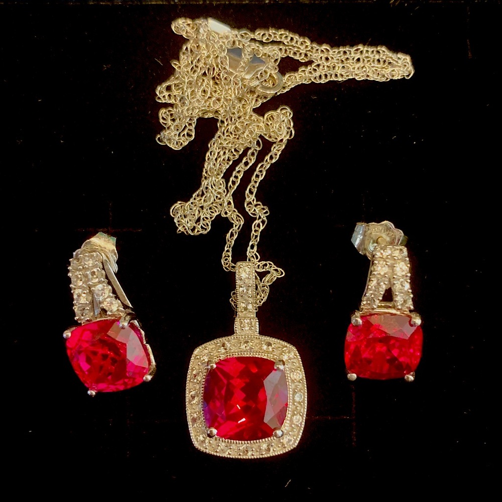 Solid 14k white gold, natural diamond, and lab-grown Ruby jewelry set